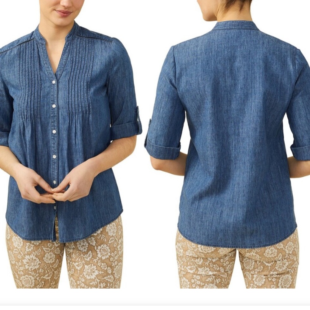 J.McLaughlin Riviera Blouse Top Collar Less Linen Cotton Blend Button Up Blue S